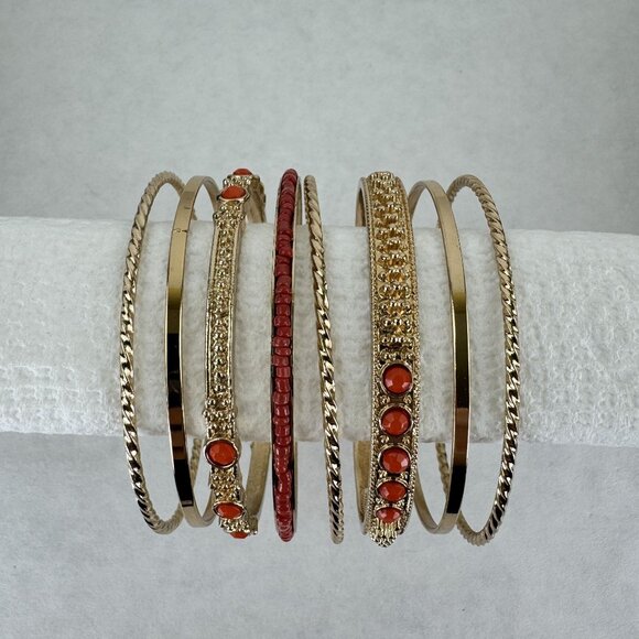 Gold-tone Coral Bangle Bracelet 8 pcs Set Textured Detailing Beaded Accents 2.5" - Picture 3 of 7